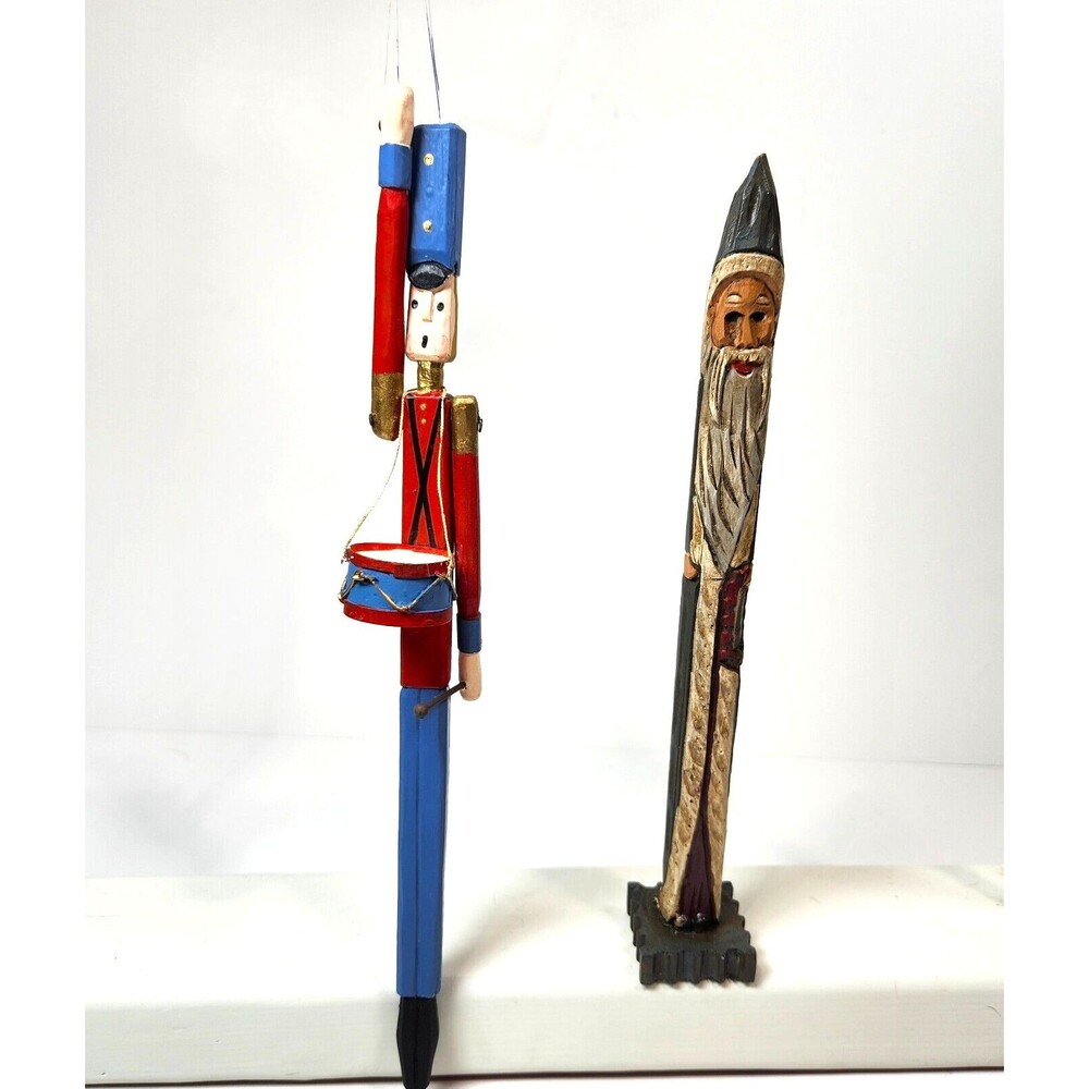 Vtg Wood Toy Soldier Drummer & Santa Claus Pencil Ornaments Folk Art Christmas